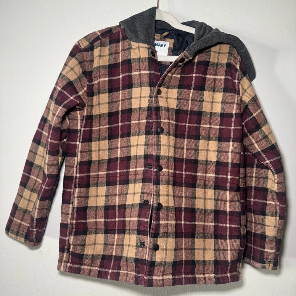 Old Navy Kids Flannel Jacket with Hood Red Tan Plaid Size M‎ 8